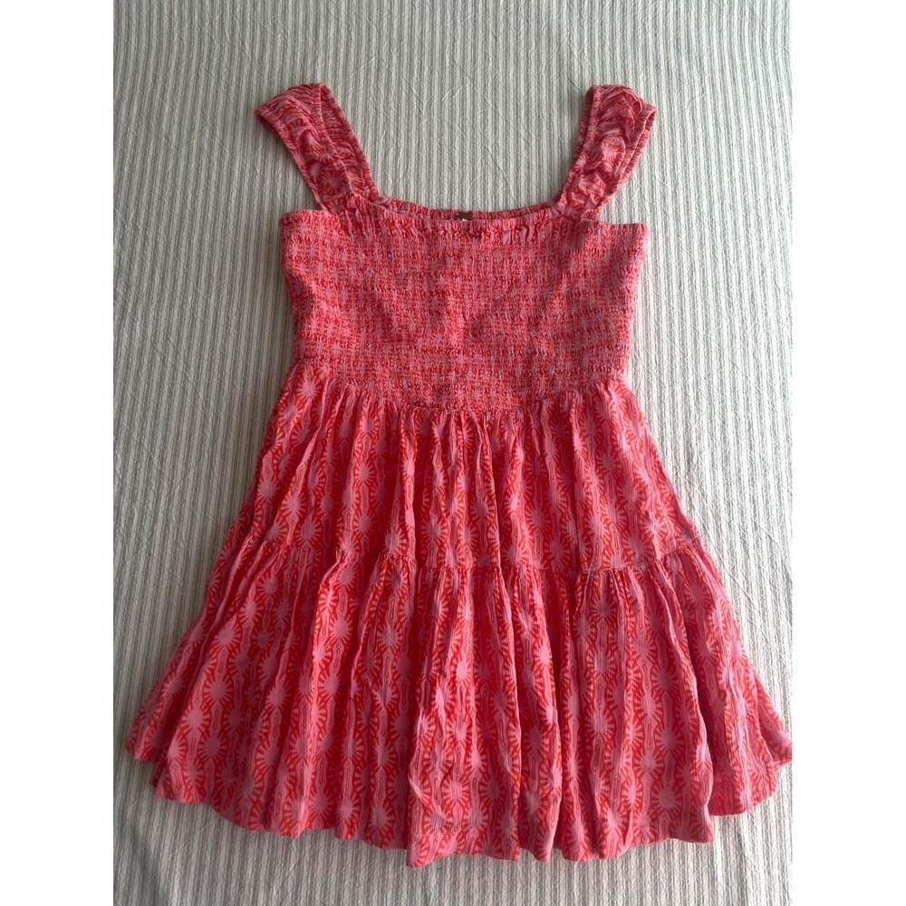 Free People Sweet Annie Smocked Mini Dress Ruffle Strap Pink Orange Print Medium